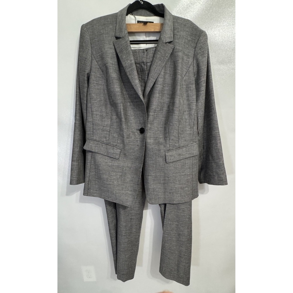 Lafayette 148 Size 14 Gray/Black Wool Linen Wide Leg Pant Suit Blazer Career